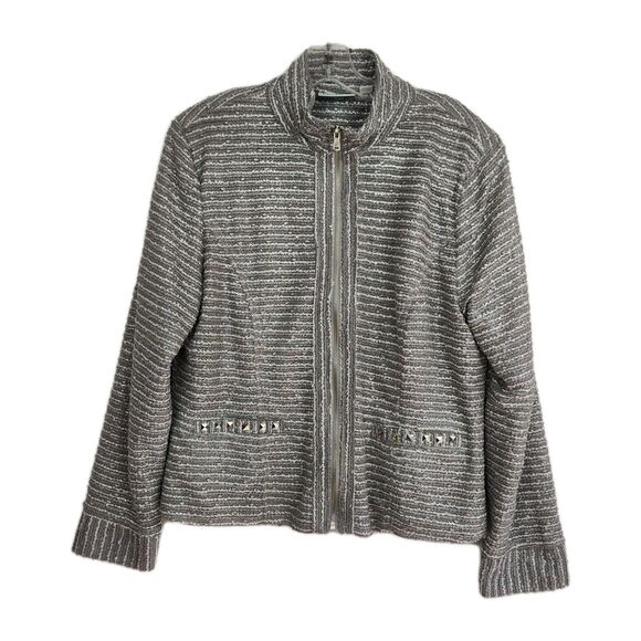 Patchington Jackets & Blazers - Patchington Full-Zip Women's Jacket, size Large, gray/silver stripes, mock‎ neck